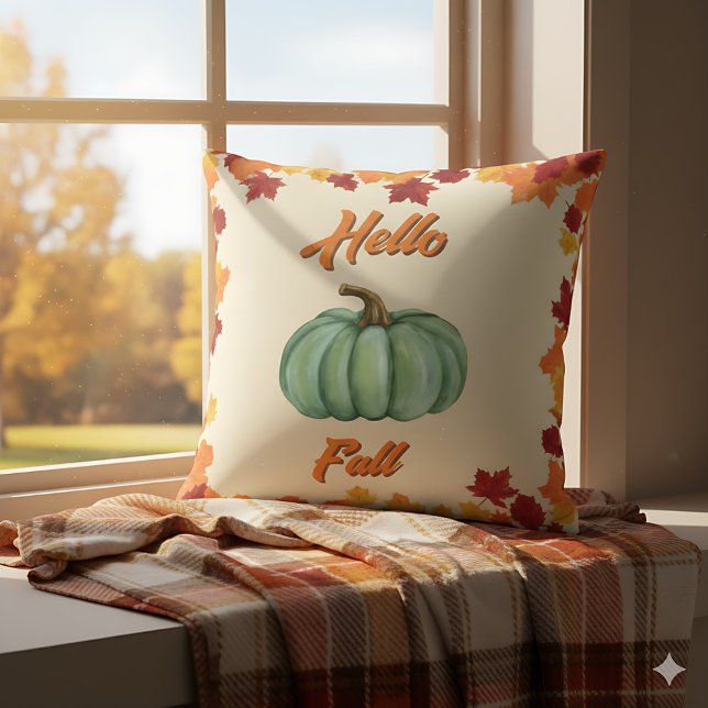 Hello Fall - Farmhouse Green Pumpkin Cosy Decor Cushion (Hello Fall pillow with colorful leaves - perfect rustic accent for autumn home)