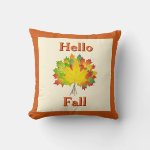 Hello Fall Farmhouse with Colourful Autumn Leaves Cushion