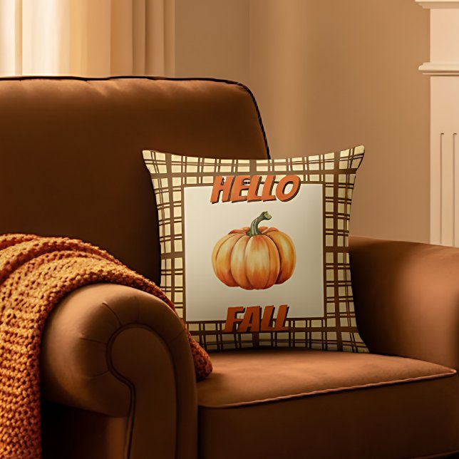 Hello Fall Farmhouse with Pumpkin and Plaid Des Cushion (Stylish Hello Fall Pillow)