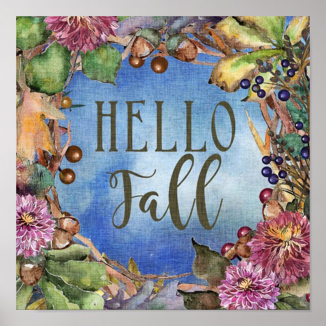 Hello Fall | Flowers and Berries Wreath Poster (Front)