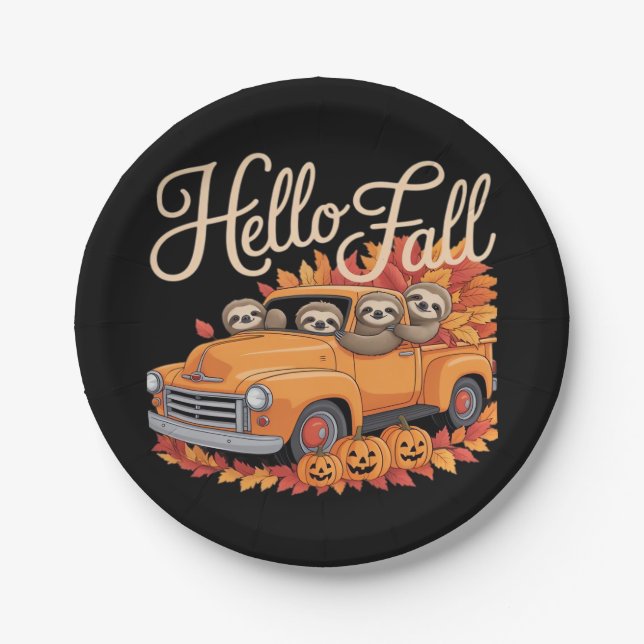 Hello Fall Funny Sloth Halloween pumkin Classic T- Paper Plate (Front)