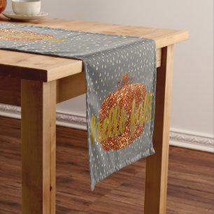 Hello Fall Glitter Pumpkin + Metallic Gold & Grey Short Table Runner