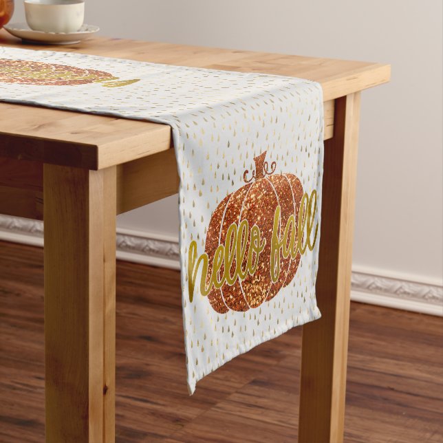 Hello Fall Glitter Pumpkin + Metallic Gold & White Short Table Runner (In Situ)