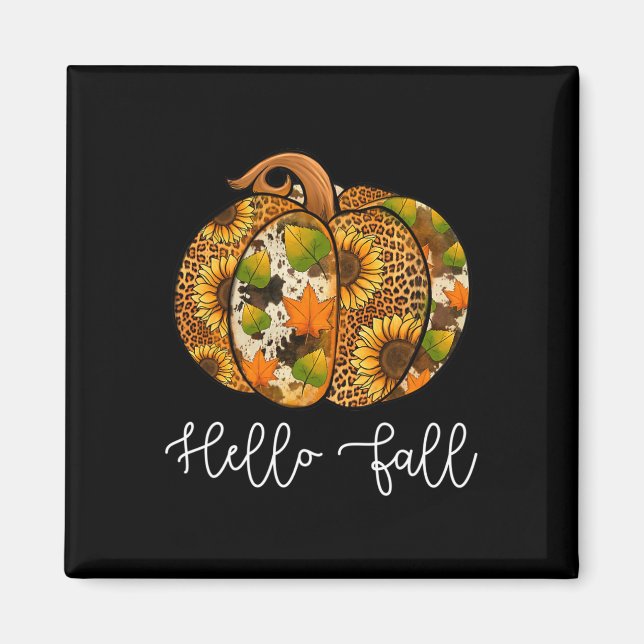 Hello Fall Happy Fall Y'all Autumn Pumpkin Leopard Magnet (Front)