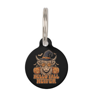 Hello Fall Heifer Halloween Highland Cow Retro Pet Tag