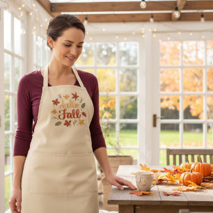 Hello Fall Kitchen Apron with Autumn Leaves