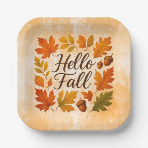 Hello Fall leaves and acorns Paper Plate