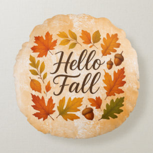 Hello Fall leaves and acorns Round Cushion
