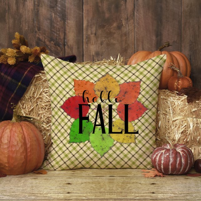 Hello Fall Leaves Family Name Green Plaid Tartan Cushion (Creator Uploaded)