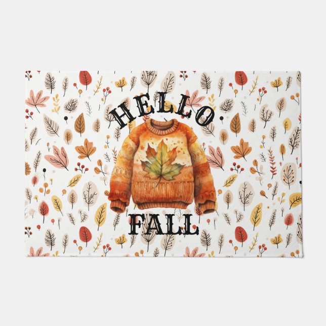 Hello Fall Leaves Simple Foliage Pattern Harvest Doormat (Front)