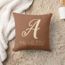 Hello Fall Modern Monogram Name Orange Brown Cushion