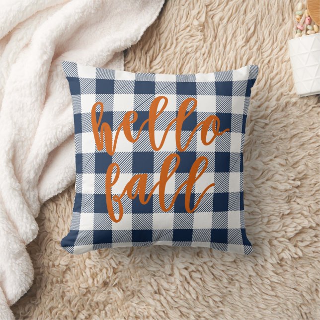 Hello Fall Navy Buffalo Plaid  Cushion (Blanket)
