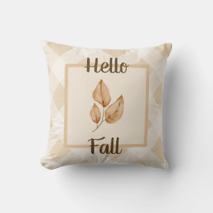 Hello Fall Neutral Autumn Leaves Rustic Home Decor Cushion