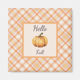 Hello Fall Orange Rustic Plaid and Pumpkin Magnet