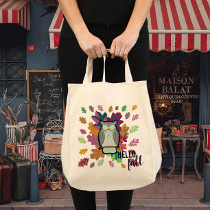 Hello Fall Owl Autumn Leaves Whimsical Tote Bag