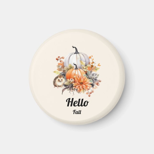 Hello Fall-Pastel Pumpkin and Hedgehog Autumn Magnet (Front)