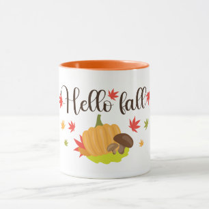 Hello Fall Pumpkin and Mushrooms Autumn Mug