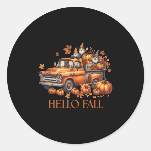 Hello Fall Pumpkin Ckup Truck Gnome Autumn Tree Fa Classic Round Sticker (Front)