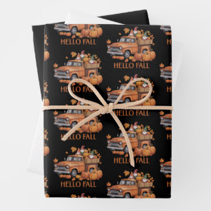 Hello Fall Pumpkin Pickup Truck Gnome Autumn Tree  Wrapping Paper Sheet