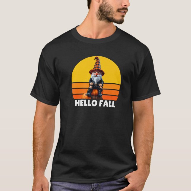 Hello Fall Pumpkin Plaid Truck Gnomes For Hallowee T-Shirt (Front)