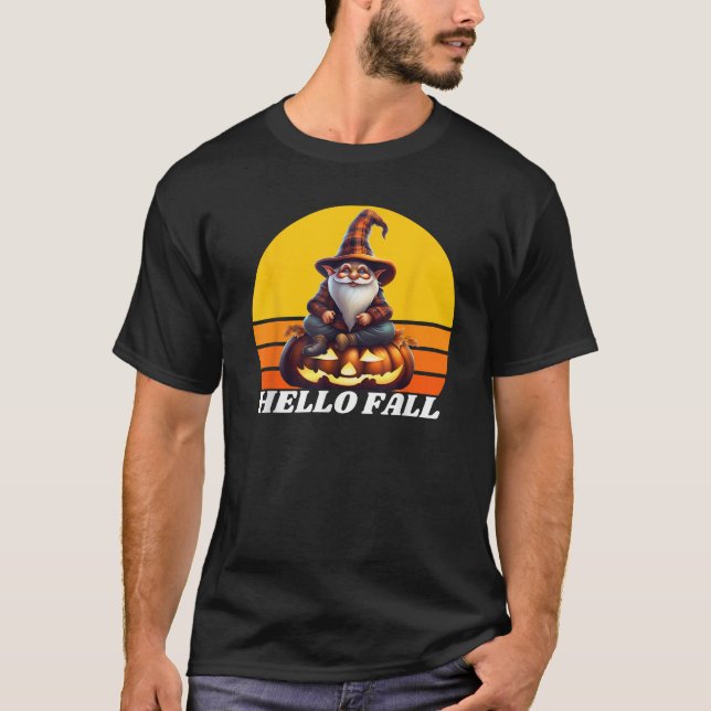 Hello Fall Pumpkin Plaid Truck Gnomes For Hallowee T-Shirt (Front)