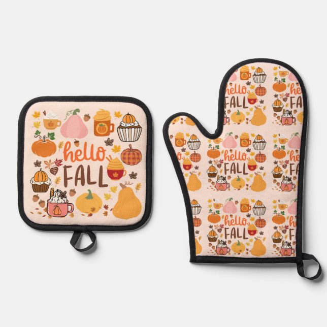 Hello Fall Pumpkins Oven Mitt & Pot Holder Set (Front)
