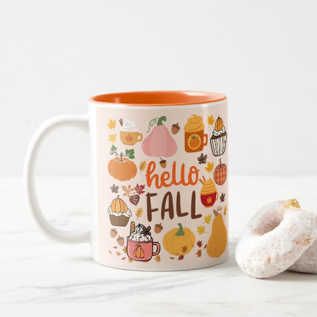  Hello Fall Pumpkins Two-Tone Coffee Mug (With Donut)