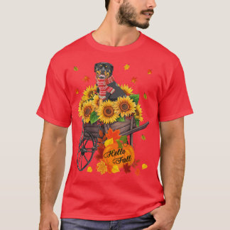 Hello Fall Rottweiler Dog In Sunflowers Leaves Aut T-Shirt