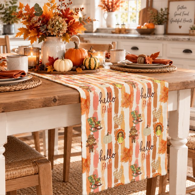 Hello Fall Rustic Patchwork Orange Leaves Stripes Short Table Runner (Creator Uploaded)