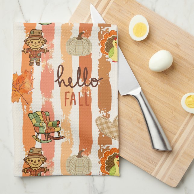 Hello Fall Rustic Patchwork Orange Leaves Stripes Tea Towel (Quarter Fold)