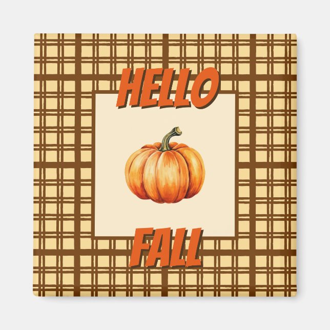 Hello Fall-Rustic Plaid Pumpkin Seasonal Magnet (Front)