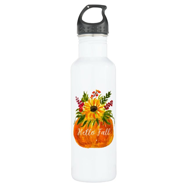 Hello Fall Sunflowers Pumpkin Autumn Rustic 710 Ml Water Bottle (Front)