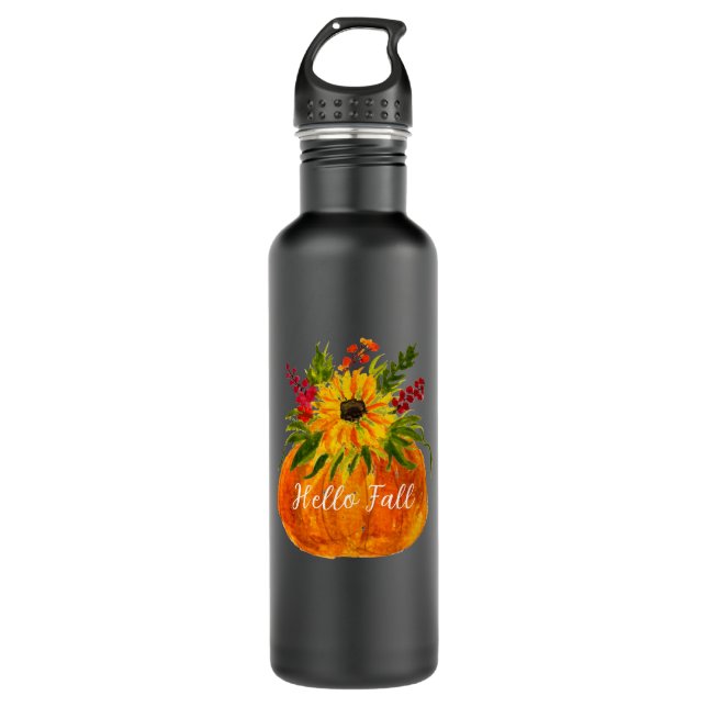 Hello Fall Sunflowers Pumpkin Autumn Rustic 710 Ml Water Bottle (Front)