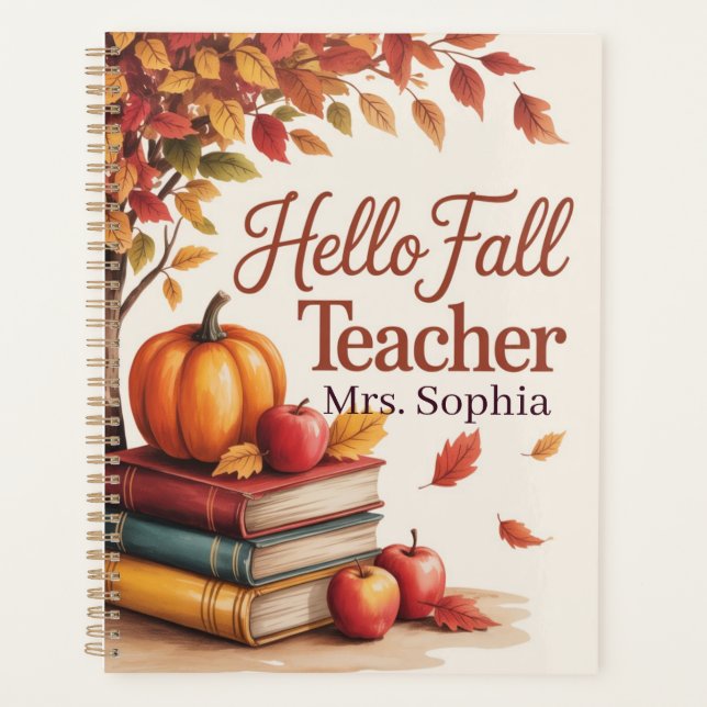 Hello Fall Teacher Watercolor Autumn Personalised Planner (Front)