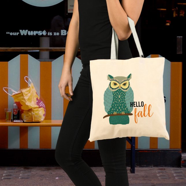 Hello Fall Teal Owl Animal Design Tote Bag (Creator Uploaded)