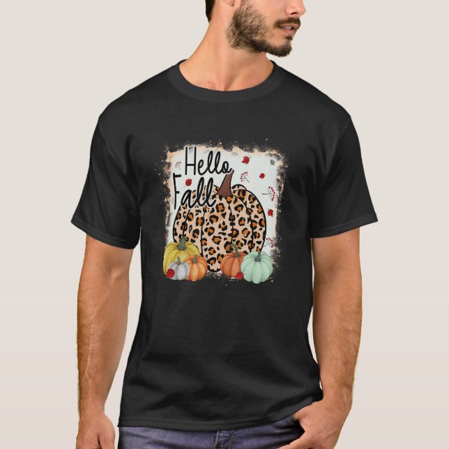 Hello Fall Theme Cheetah Pumpkin Leopard Thanksgiv T-Shirt (Front)