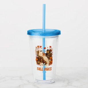 Hello Fall Vibes Ghost Cute Autumn Pumpkin Acrylic Tumbler