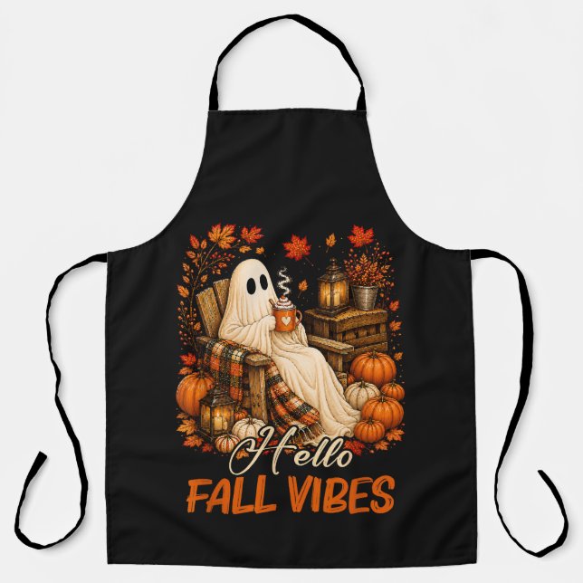 Hello Fall Vibes Ghost Cute Autumn Pumpkin Apron (Front)