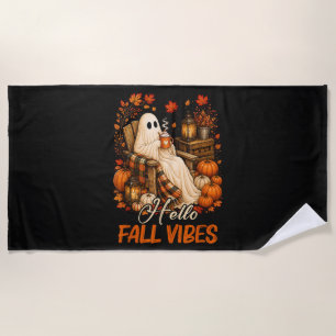 Hello Fall Vibes Ghost Cute Autumn Pumpkin Beach Towel