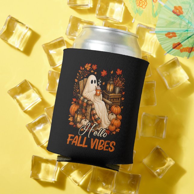 Hello Fall Vibes Ghost Cute Autumn Pumpkin Can Cooler (In Situ Summer)