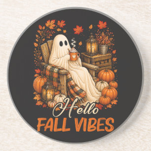 Hello Fall Vibes Ghost Cute Autumn Pumpkin Coaster