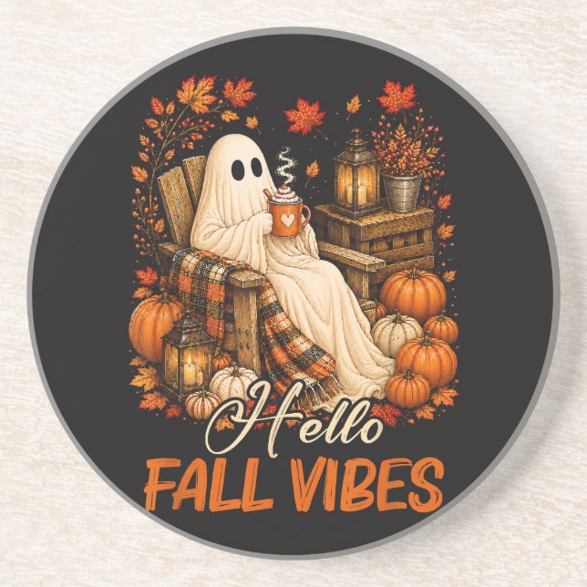 Hello Fall Vibes Ghost Cute Autumn Pumpkin Coaster (Front)