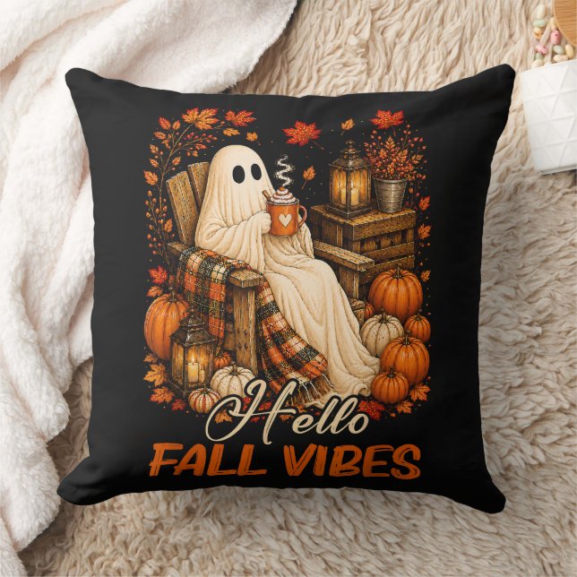 Hello Fall Vibes Ghost Cute Autumn Pumpkin Cushion (Blanket)