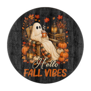 Hello Fall Vibes Ghost Cute Autumn Pumpkin Cutting Board