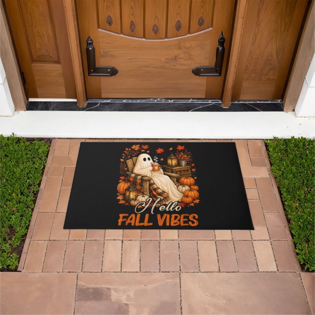 Hello Fall Vibes Ghost Cute Autumn Pumpkin Doormat (Outdoor)