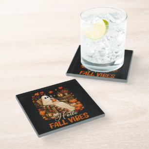 Hello Fall Vibes Ghost Cute Autumn Pumpkin Glass Coaster