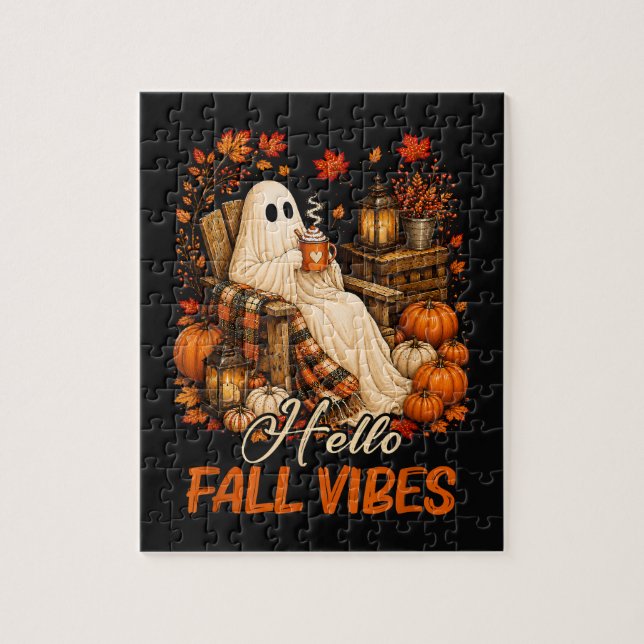 Hello Fall Vibes Ghost Cute Autumn Pumpkin Jigsaw Puzzle (Vertical)