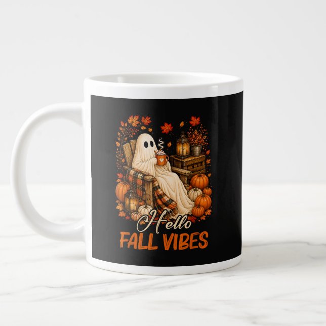 Hello Fall Vibes Ghost Cute Autumn Pumpkin Large Coffee Mug (Left)