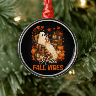 Hello Fall Vibes Ghost Cute Autumn Pumpkin Metal Ornament