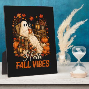 Hello Fall Vibes Ghost Cute Autumn Pumpkin Plaque